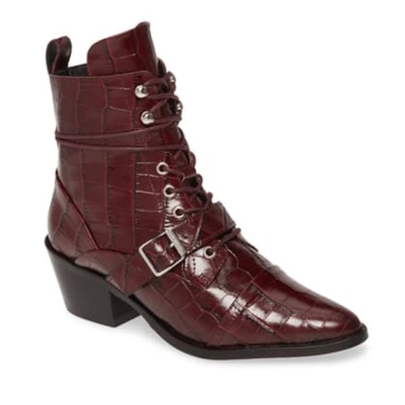 All Saints Katy Croc-Embossed Boots in Bordeaux Croc Leather US 7 - Picture 2 of 13